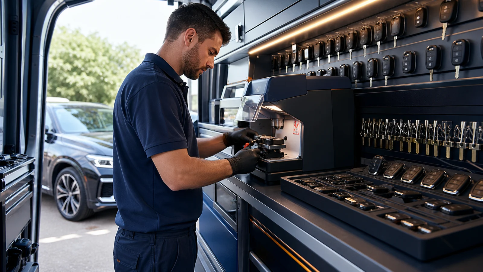 Mobile automotive locksmith workbench with key-cutting and programming equipment