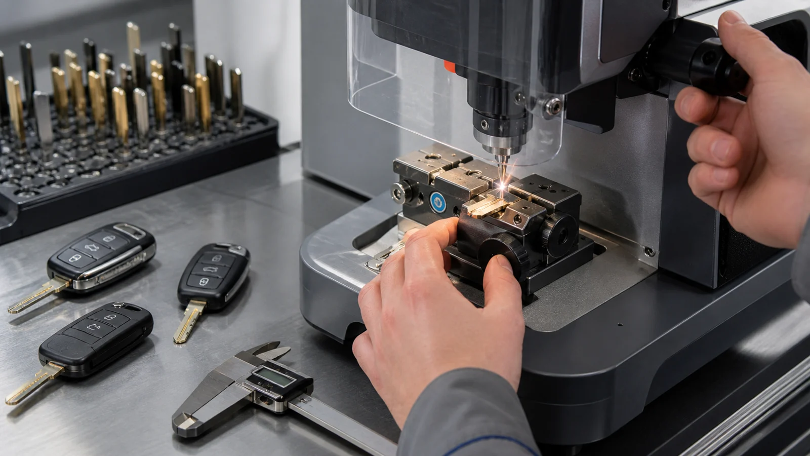 Automotive key blade being cut on a calibrated key machine