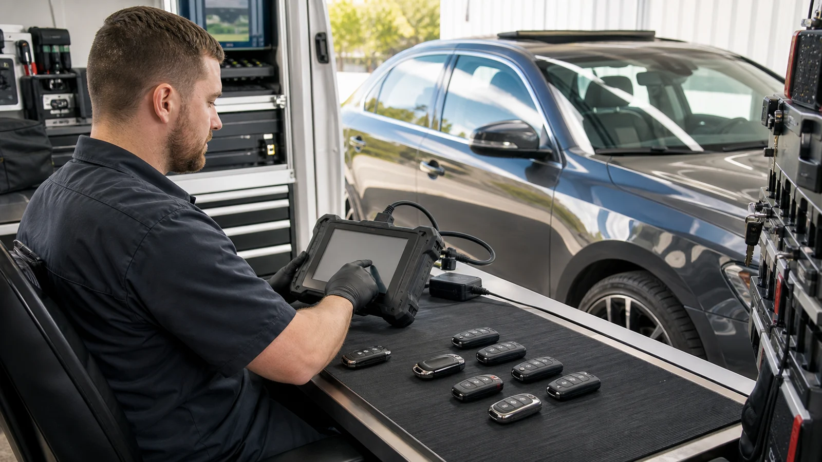 Vehicle key fob programming equipment in an automotive locksmith workspace