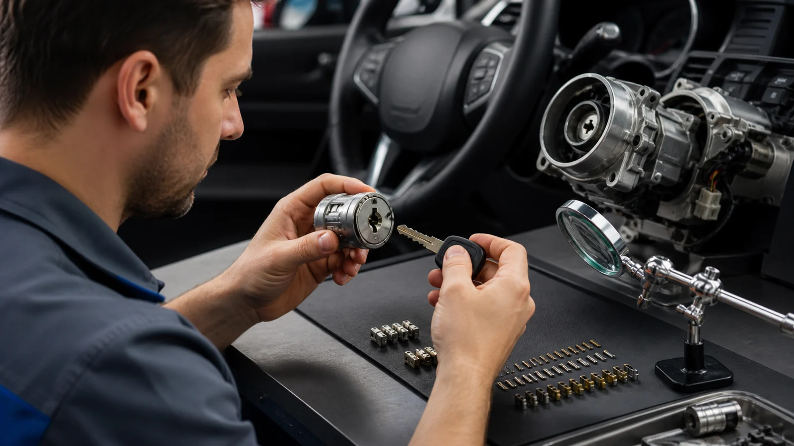 Automotive ignition cylinder being inspected with diagnostic tools